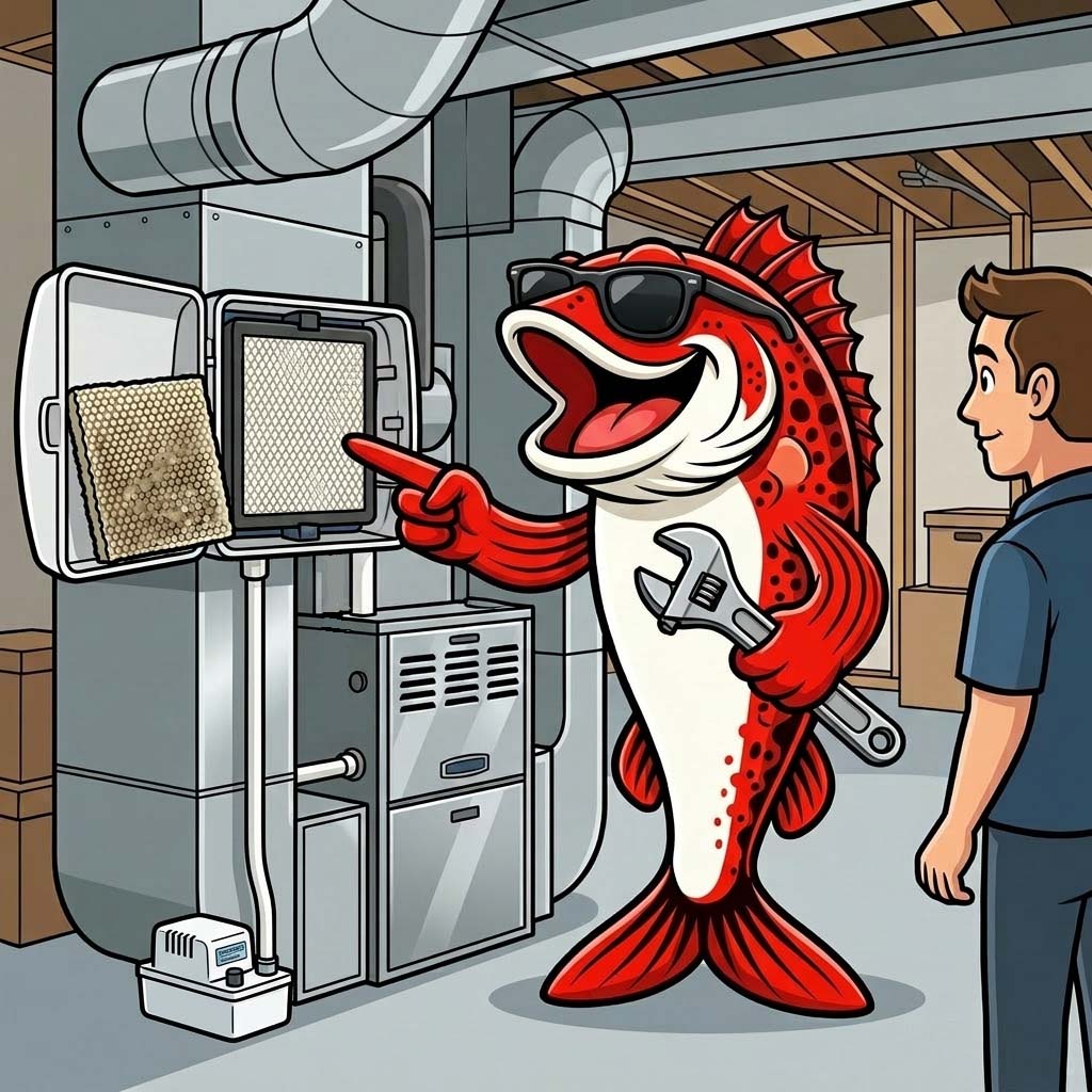 Bass Mechanical technician with branded cap working on furnace