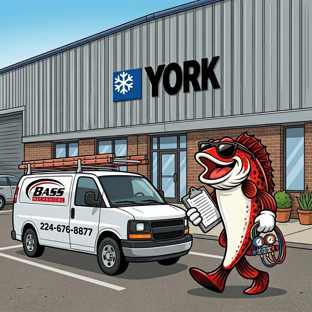 YORK branded AC unit with open panel - Bass Mechanical certified YORK dealer